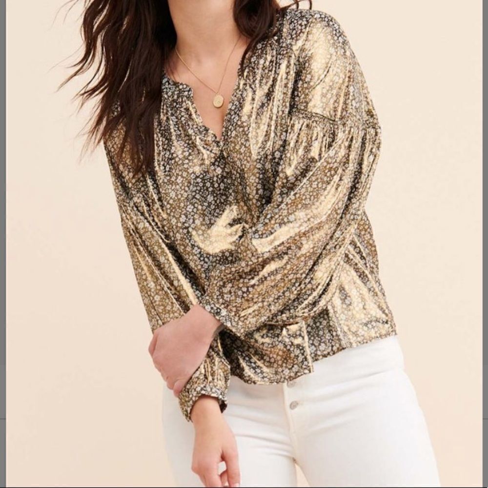 𝅺🆕 Anthropologie Current Air Goldtone Floral Puff Long Sleeve Free People
